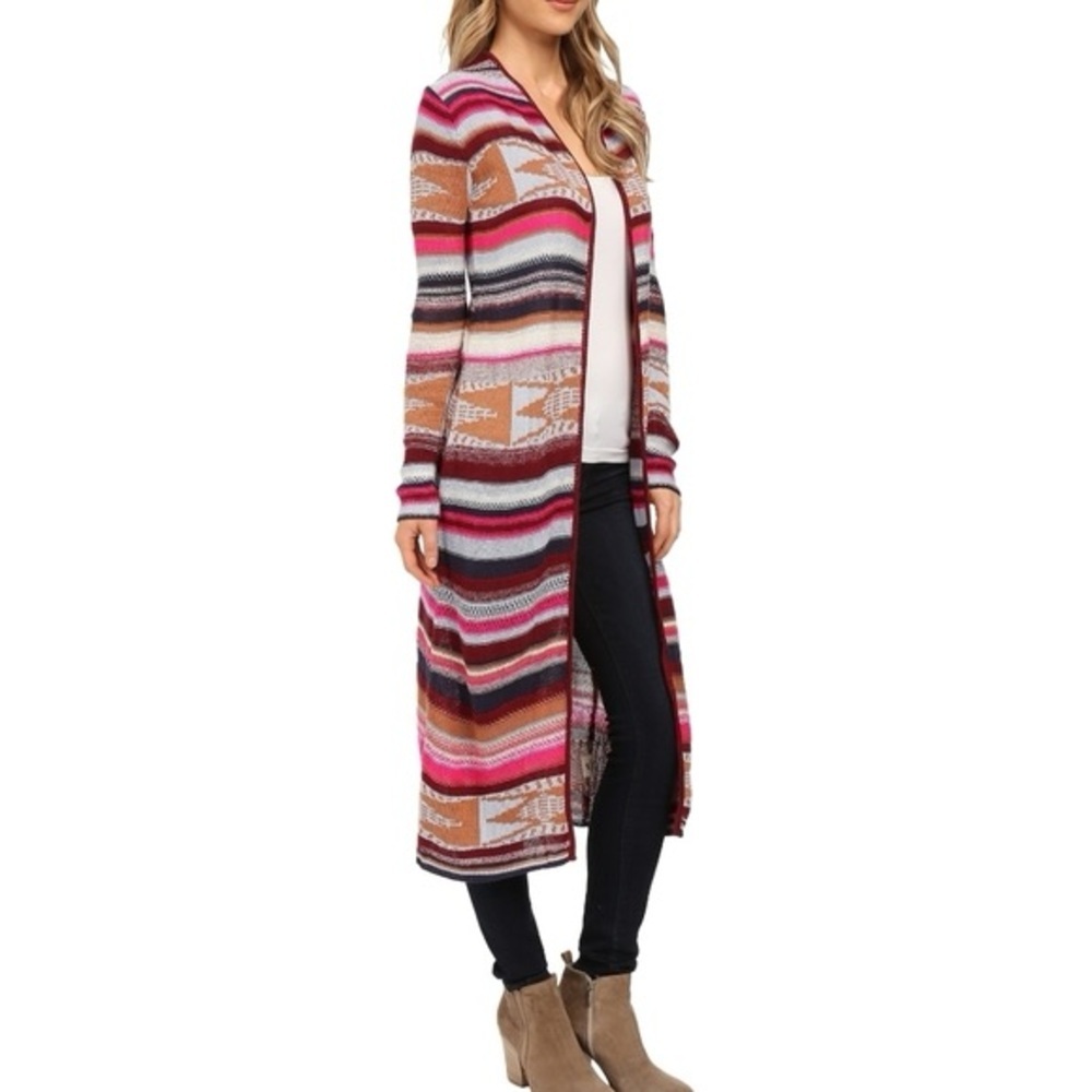 Billabong Long Striped Open-Front Fade to Dust Cardigan in Pink, Tan & Black - Picture 2 of 8